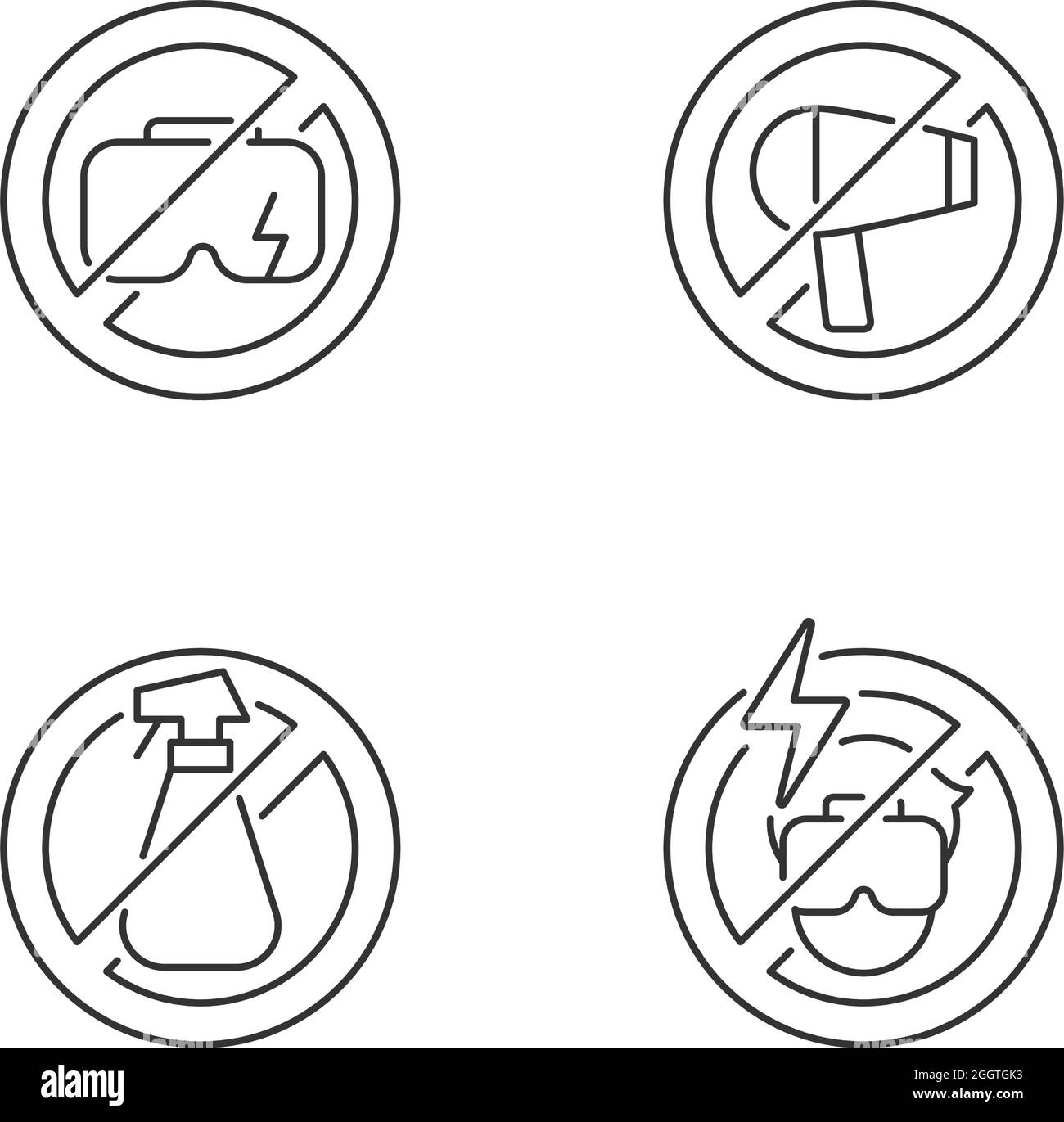 Virtual reality headset care linear manual label icons set Stock Vector