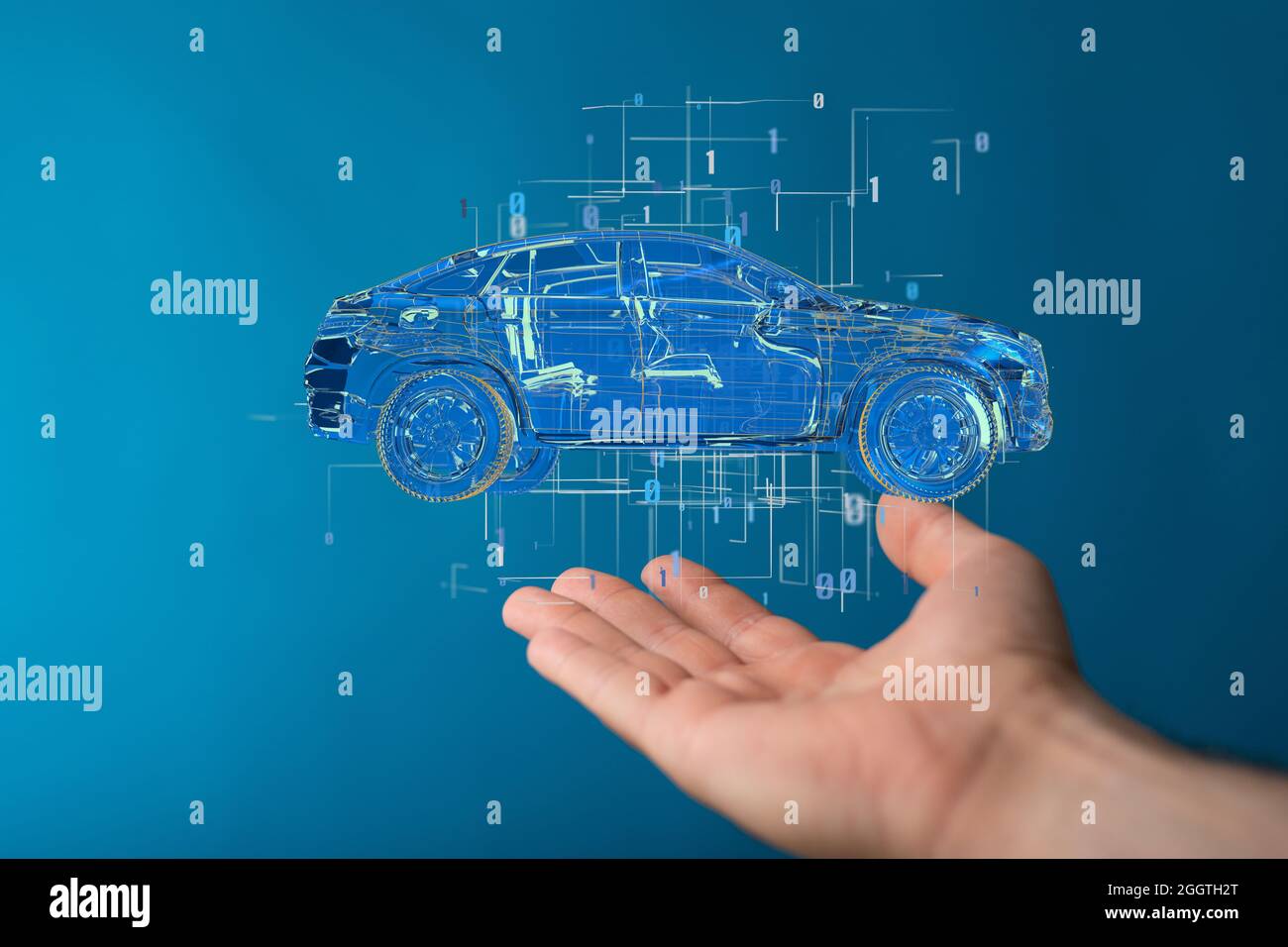 Closeup of a 3D rendering of autonomous driving with an electric car on a man's hand Stock Photo