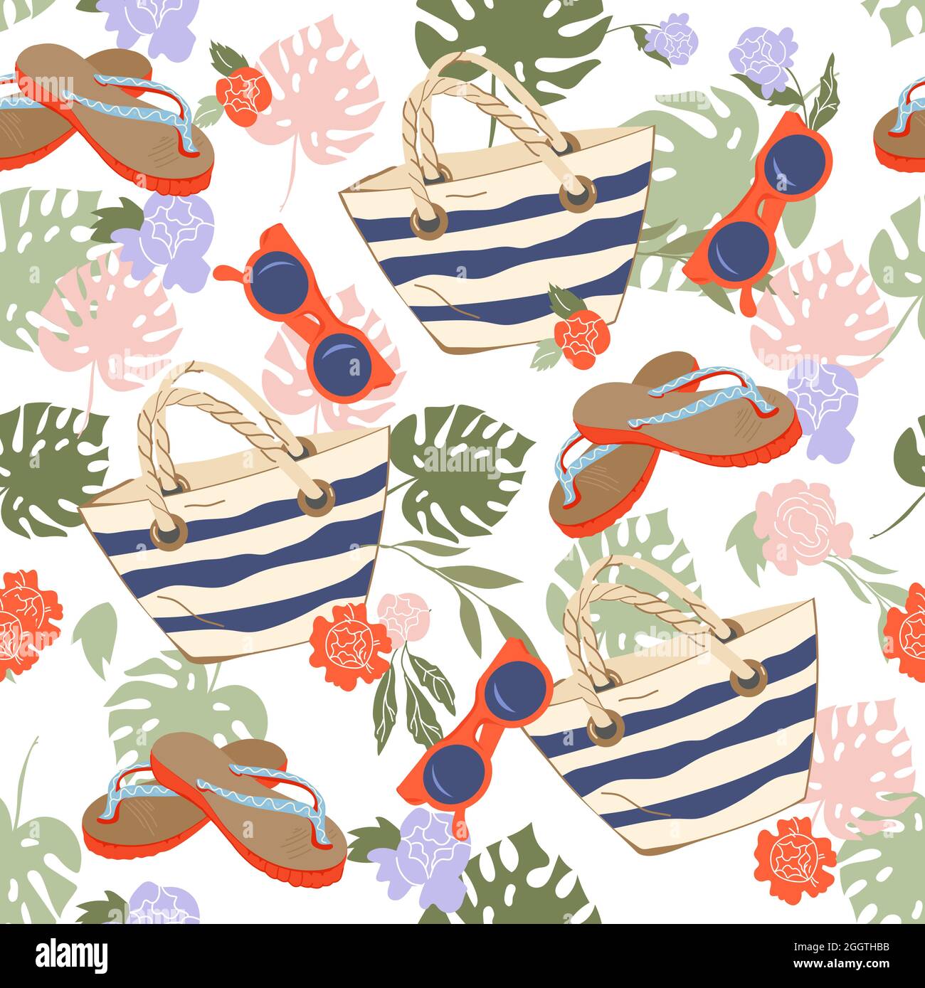 Summer seamless pattern design with beach bag and other supplies for ...