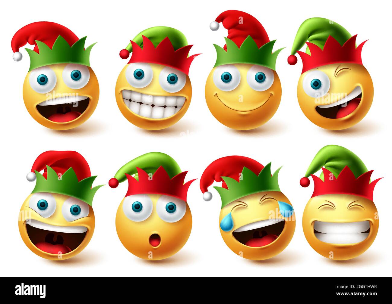 Christmas elfs emoji vector set. Emojis smiley wearing elf hat icon