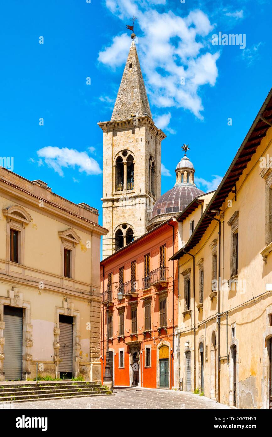 View of the Bell Tower of the Santissima Annunziata complex from Piazza XX Settembre, Sulmona, Italy Stock Photo