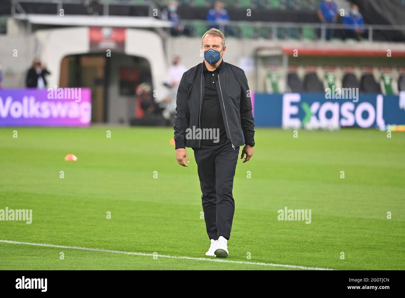 St. 2nd Sep, 2021. Federal coach Hans Dieter Hansi FLICK (GER), walks with  face mask, mask over the place, soccer game, World Cup qualification group  J matchday 4, Liechtenstein (LIE) - Germany (