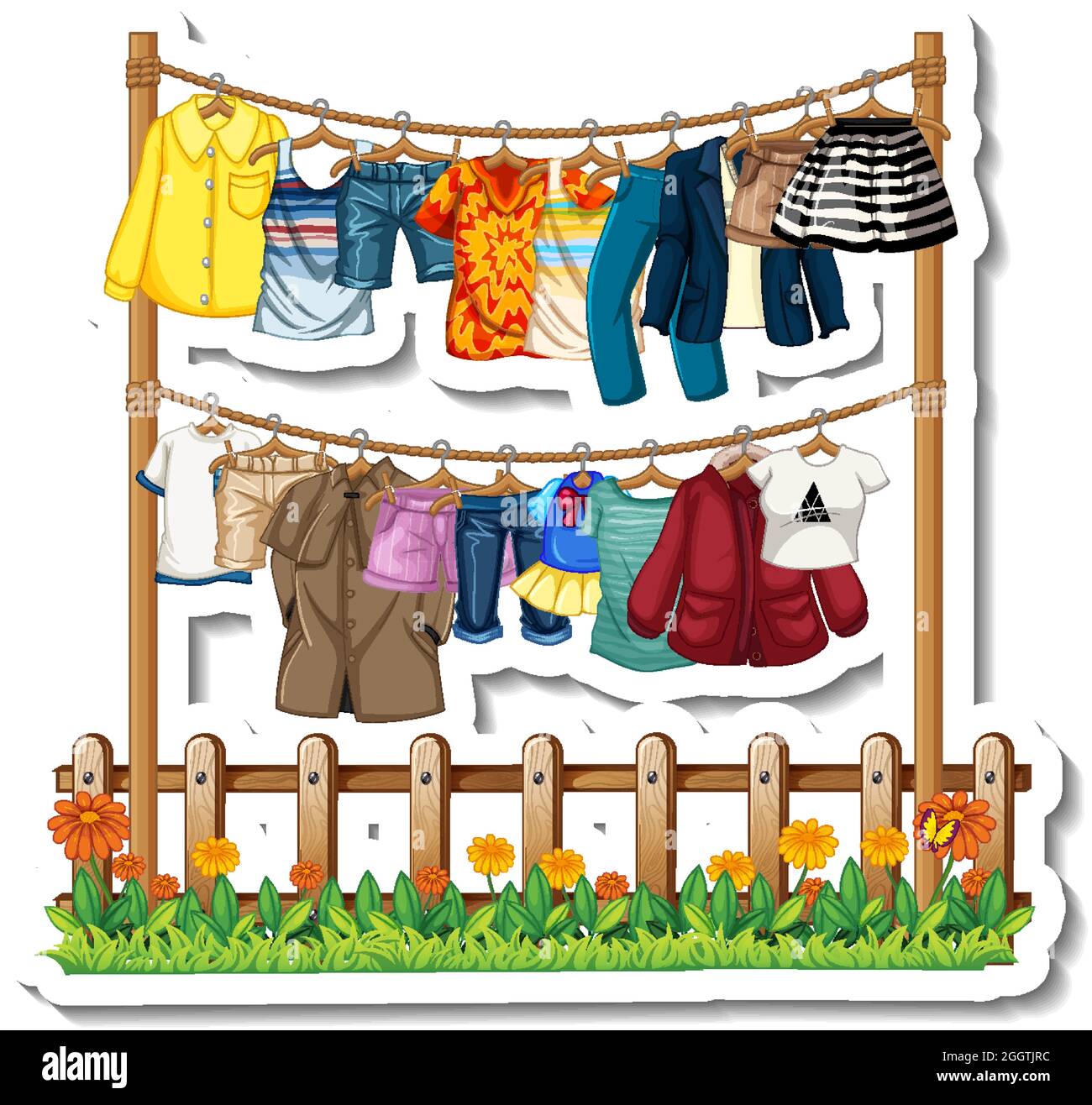 A sticker template of Clothes racks with many clothes on hangers on white background