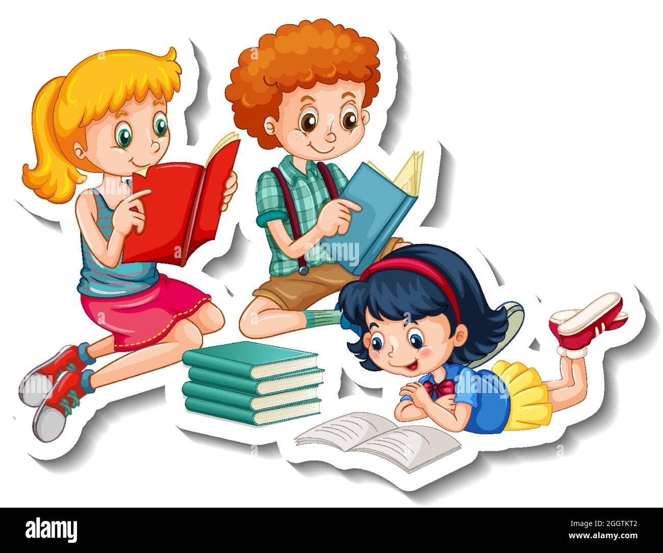 Sticker template with children reading their books on white background