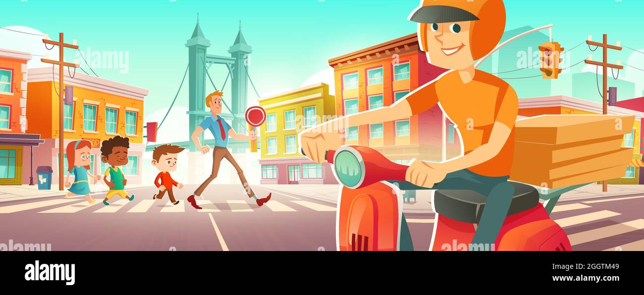 Children walk on pedestrian crosswalk with teacher. Delivery man on scooter with pizza wait on road intersection. Vector cartoon illustration of man with stop sign helps kids crossing city street Stock Vector