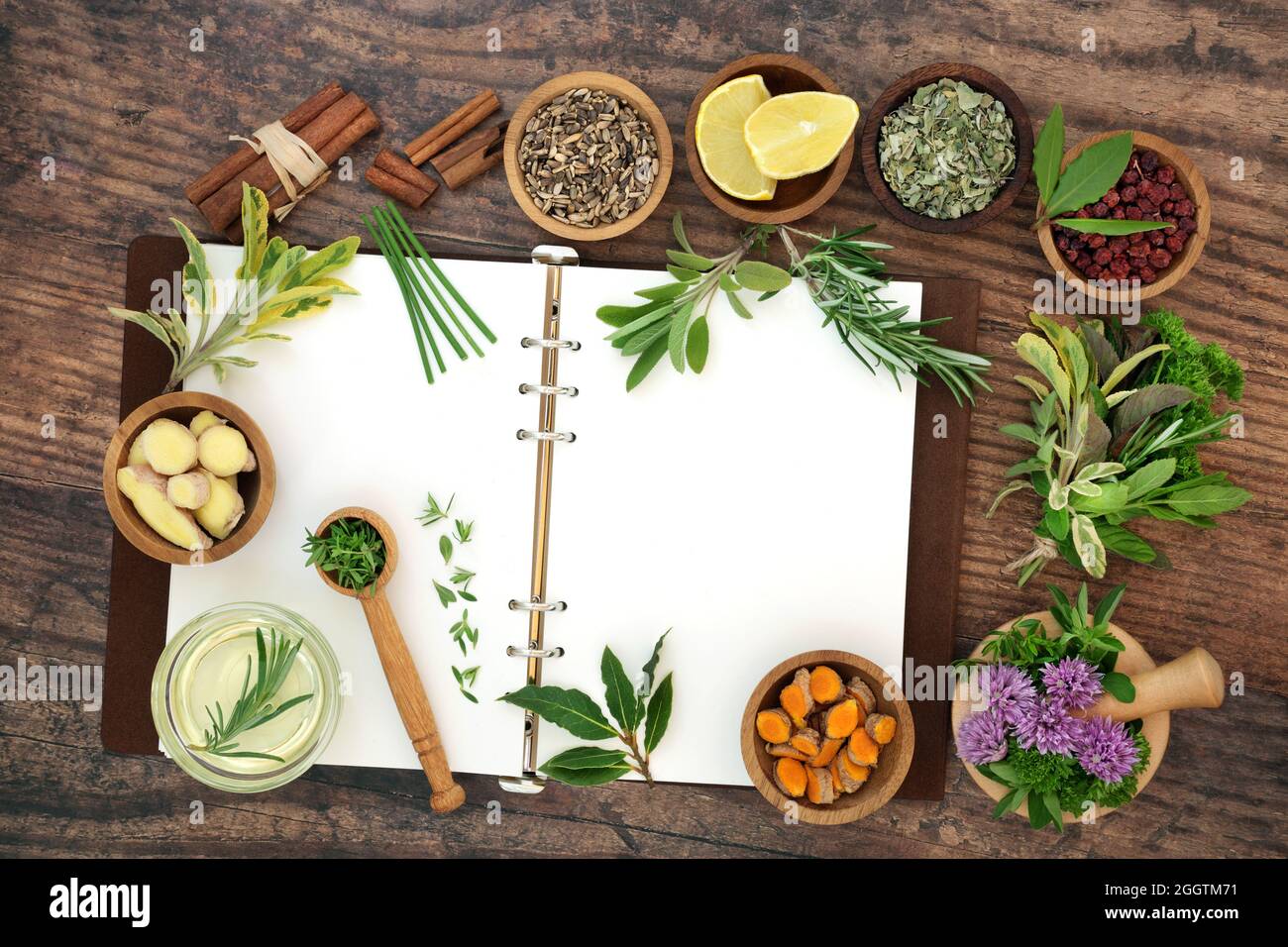 Herb spice collection of healthy food seasoning with open recipe ...