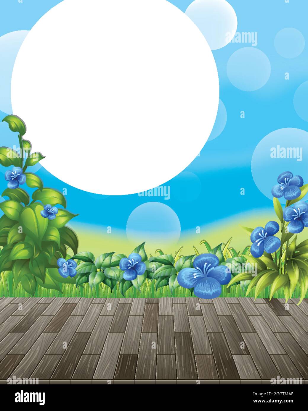 Nature background with flower field and green grass illustration Stock ...