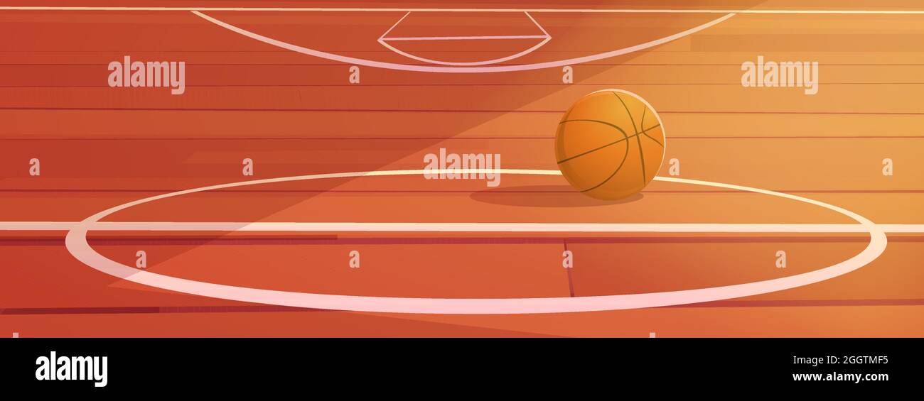 Basketball ball lying on wooden school gymnasium floor with white markup. Court interior, sports arena or hall for team games, indoor stadium illuminated with sunlight, cartoon vector illustration Stock Vector