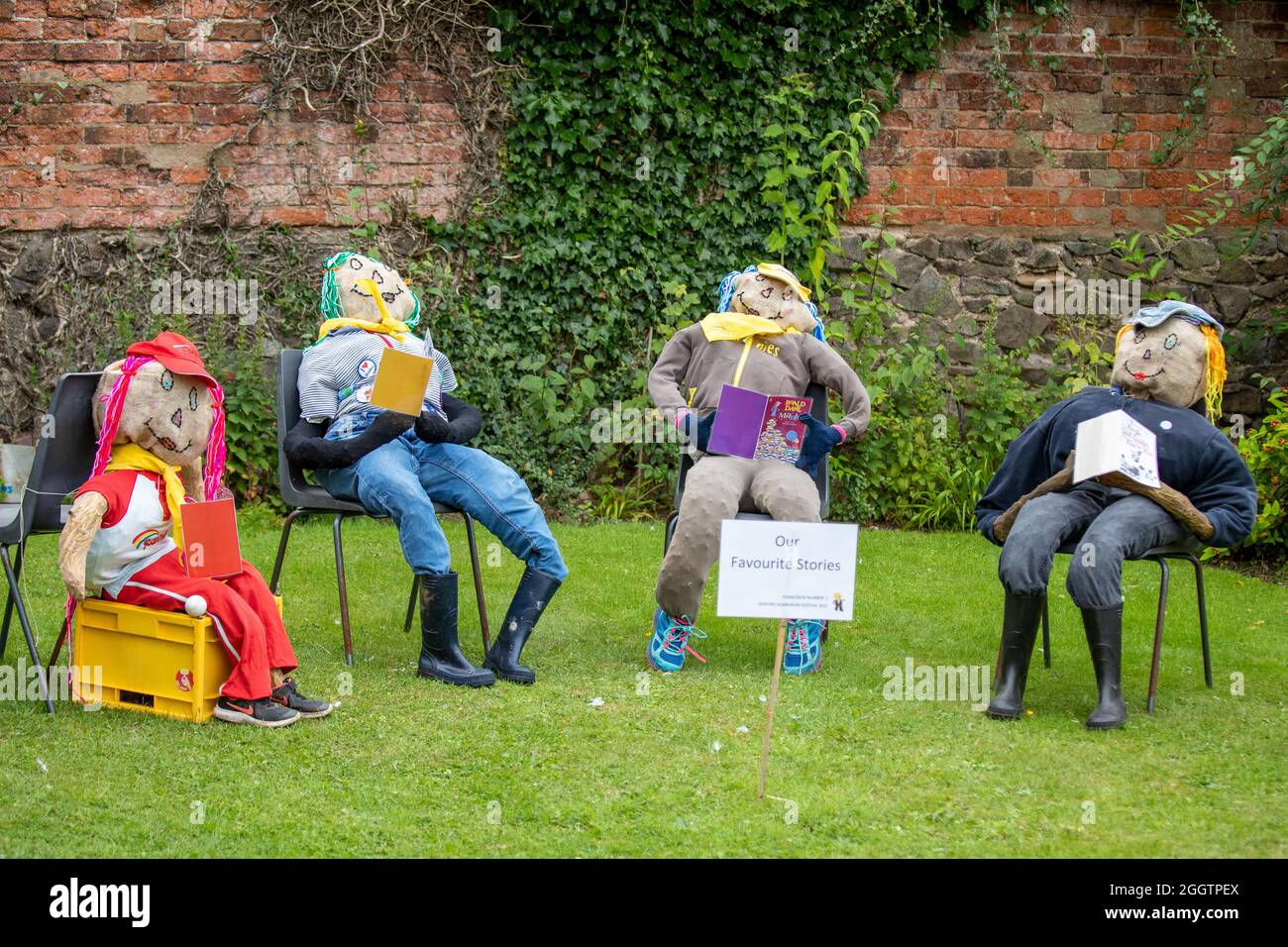 The 2021 Desford village Scarecrow festval taking place at the end of August. The event was cancelled the previous year due to the Pandemic. The event takes place for three days over the bank holiday weekend. Reading resident scarecrows on Main Street. Stock Photo