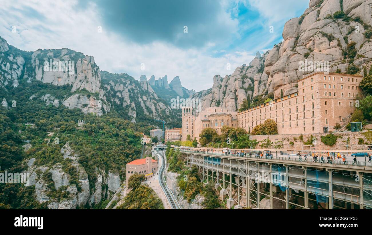 Santa Maria De Montserrat. Benedictine Abbey In Mountain Of Montserrat, In Monistrol De Montserrat, In Catalonia, Spain. Timelapse, Time-lapse Stock Photo