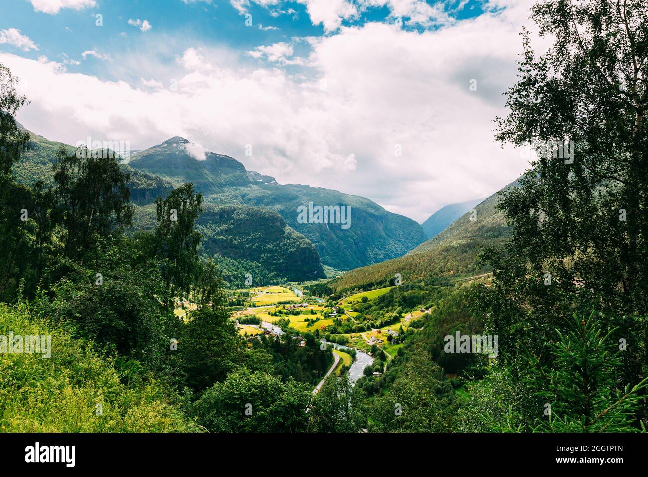 Fortun, Sogn Og Fjordane County, Norway. Beautiful Valley In Norwegian Rural Landscape. Jostedola River In Summer Day Stock Photo
