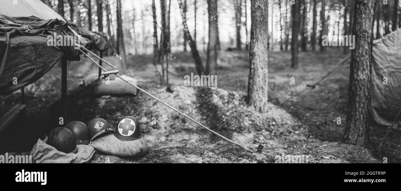 Metal Helmets Of United States Army Infantry Soldier At World War II ...