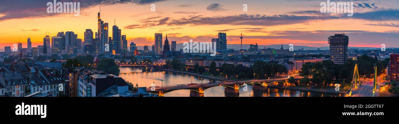 Mainhattan is the central business district of Frankfurt in Germany. The word is a portmanteau of Main, the river on which Frankfurt lies, and Manhatt Stock Photo
