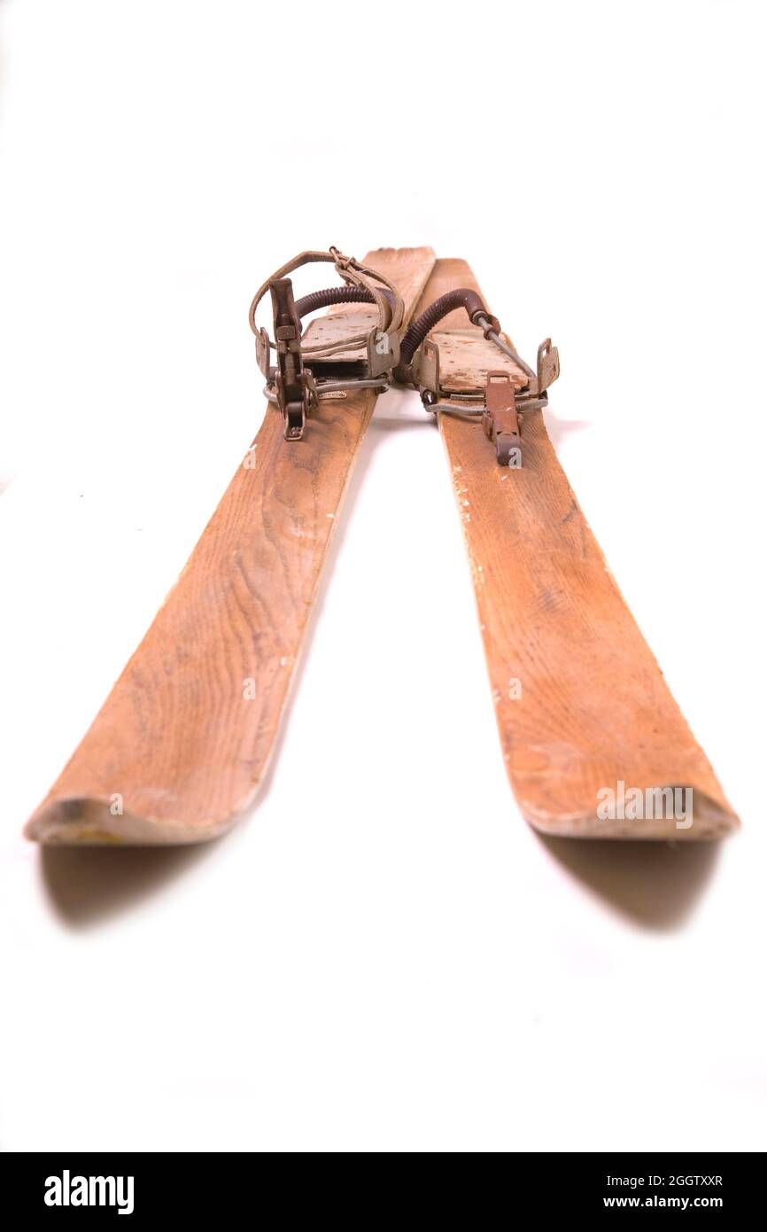 historical wooden skis Stock Photo