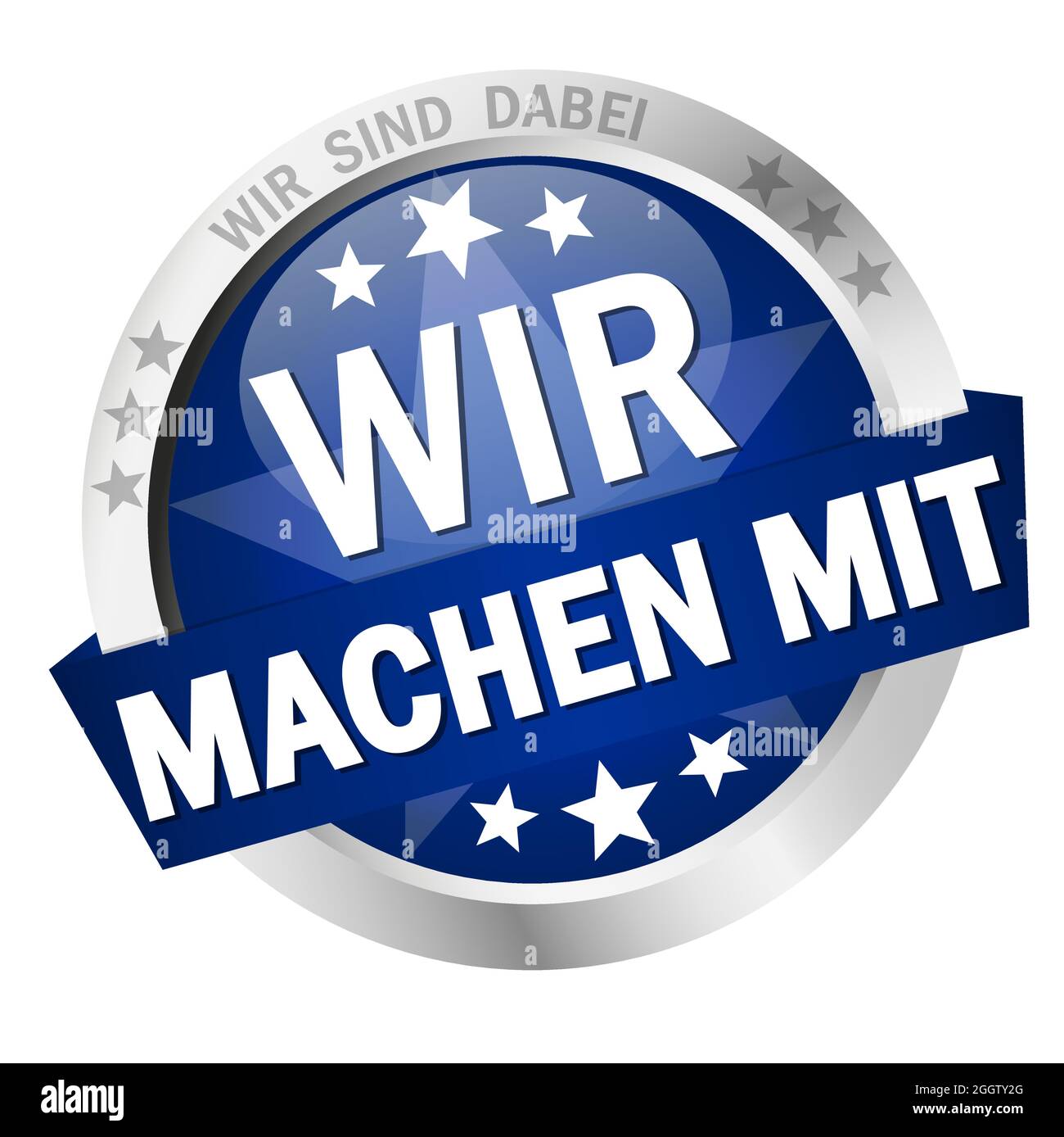 EPS 10 vector with round colored button with banner and we take part (in german) Stock Vector