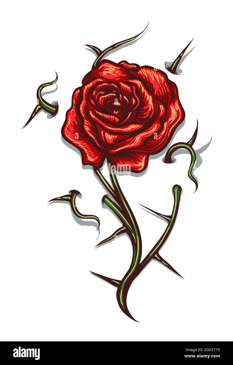 Tattoo of Red Rose Flower with thorns isolated on white. Vector illustration. Stock Vector