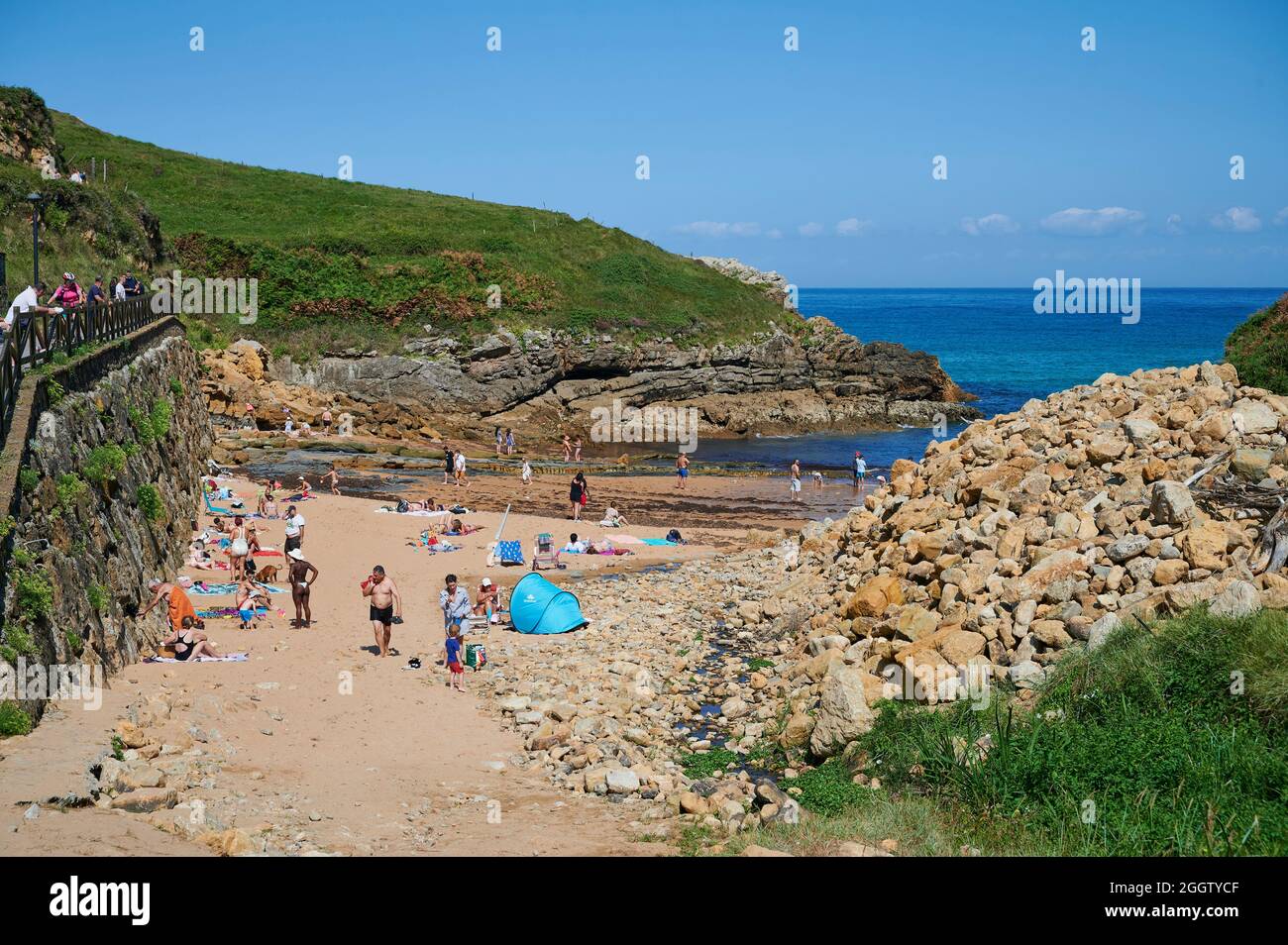 The little and beauty beach of Santa Justa, Ubiarco, municipality of Santillana del Mar, Cantabria, Spain, Europe Stock Photo