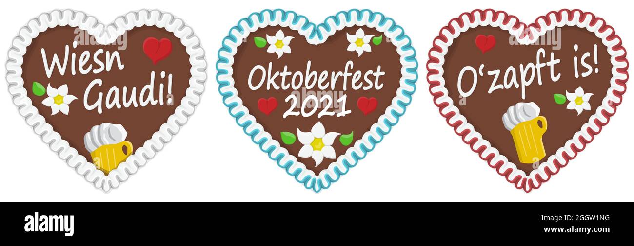 illustrated gingerbread heart with text in german for Oktoberfest time 2021 2022 Stock Vector
