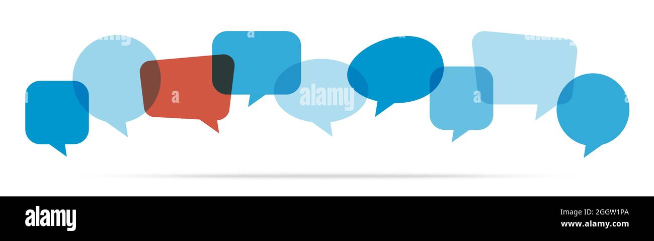 illustration of blue colored speech bubbles in a row with one red bubble Stock Vector