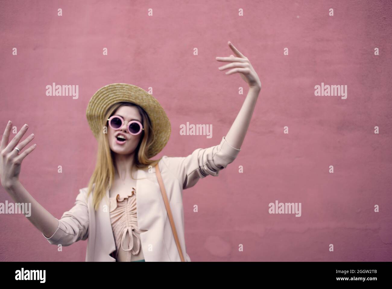 woman outdoor walk fashion summer pink wall Lifestyle Stock Photo Alamy