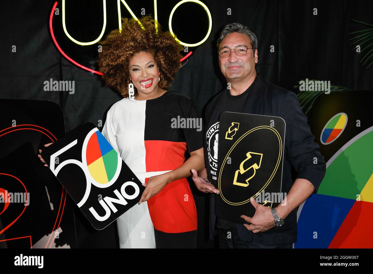 Berlin, Germany. 02nd Sep, 2021. Mousse T. and wife Khadra Sufi arrive at the charity event 'UNO Playing for Good' at Soho Haus. Credit: Gerald Matzka/dpa/Alamy Live News Stock Photo