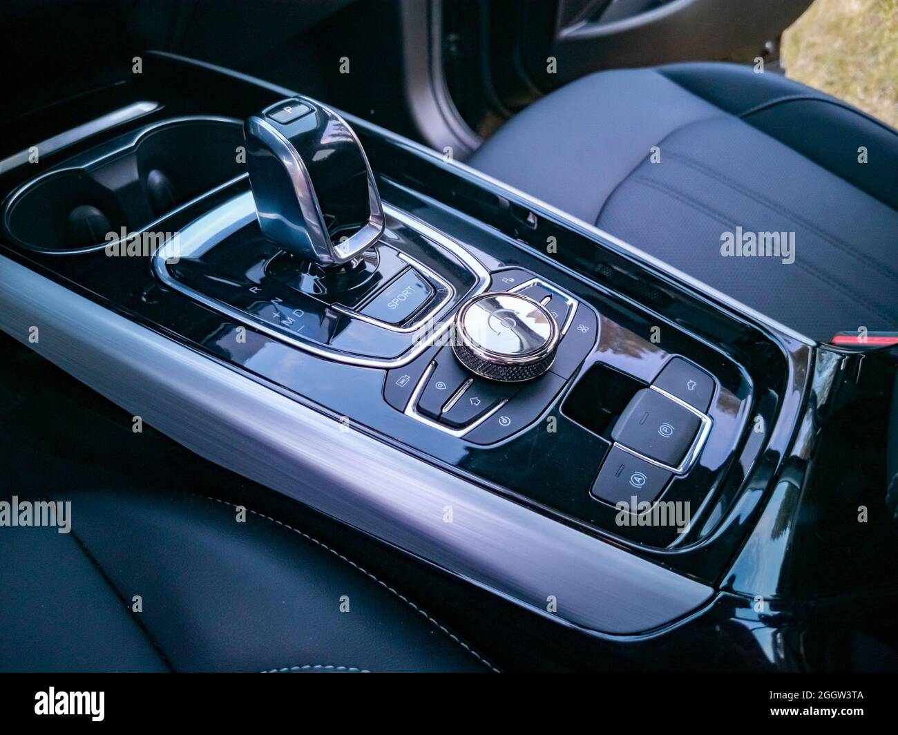 multimedia system control and gearshift in interior of modern premium