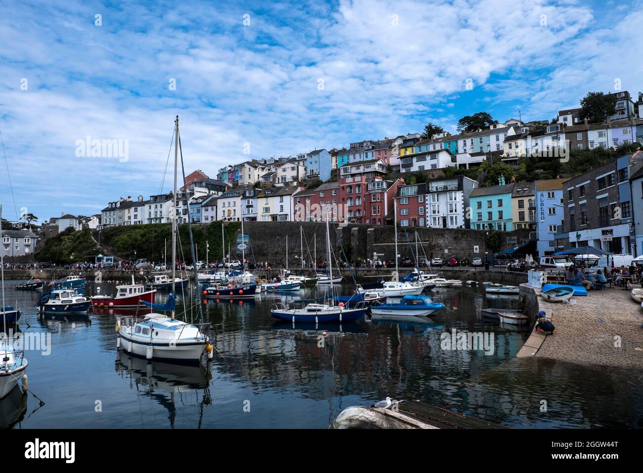 A view of the harbour and houses in Brixham, Devon Stock Photo
