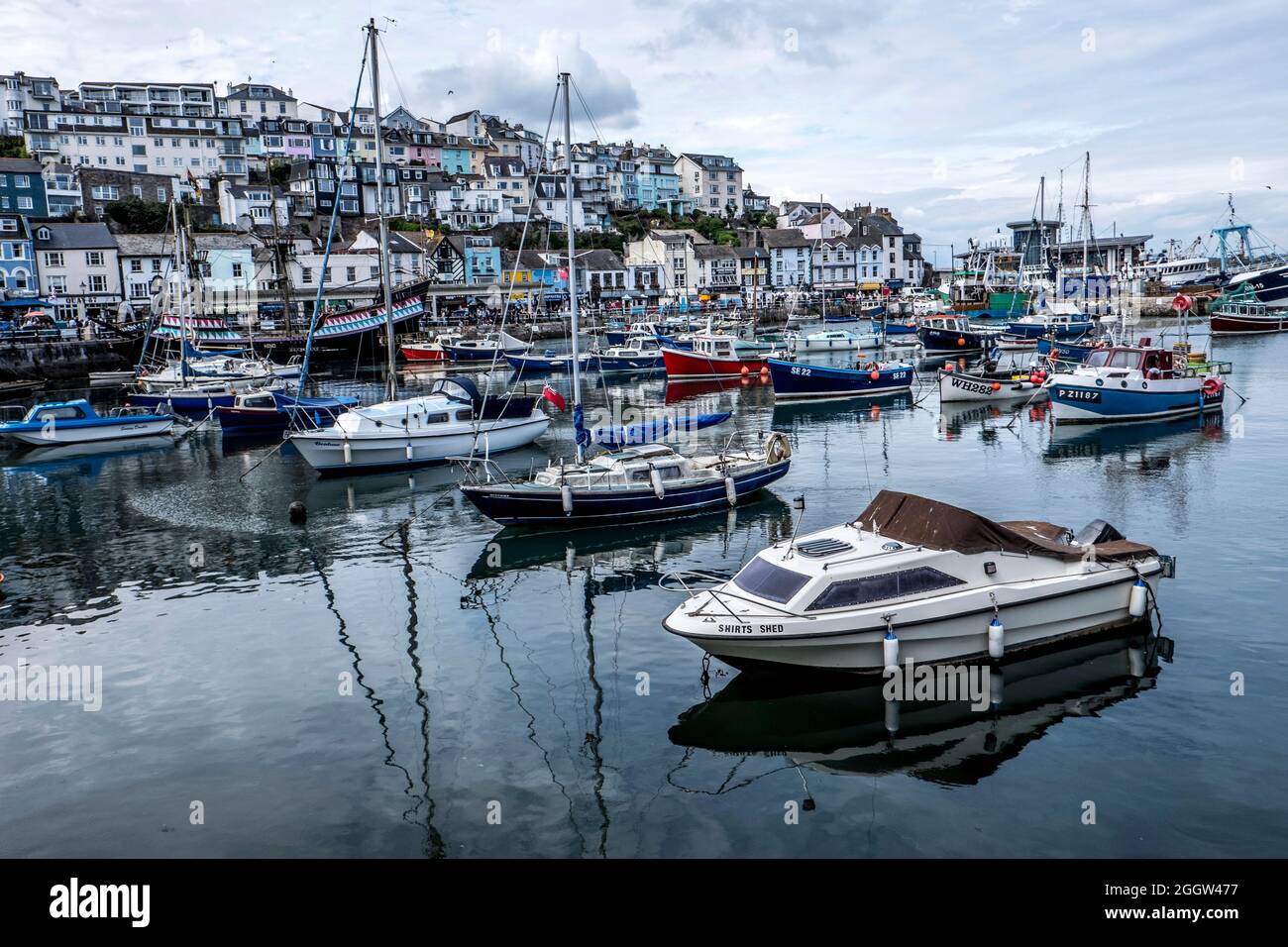 A view of the harbour and houses in Brixham, Devon Stock Photo Alamy