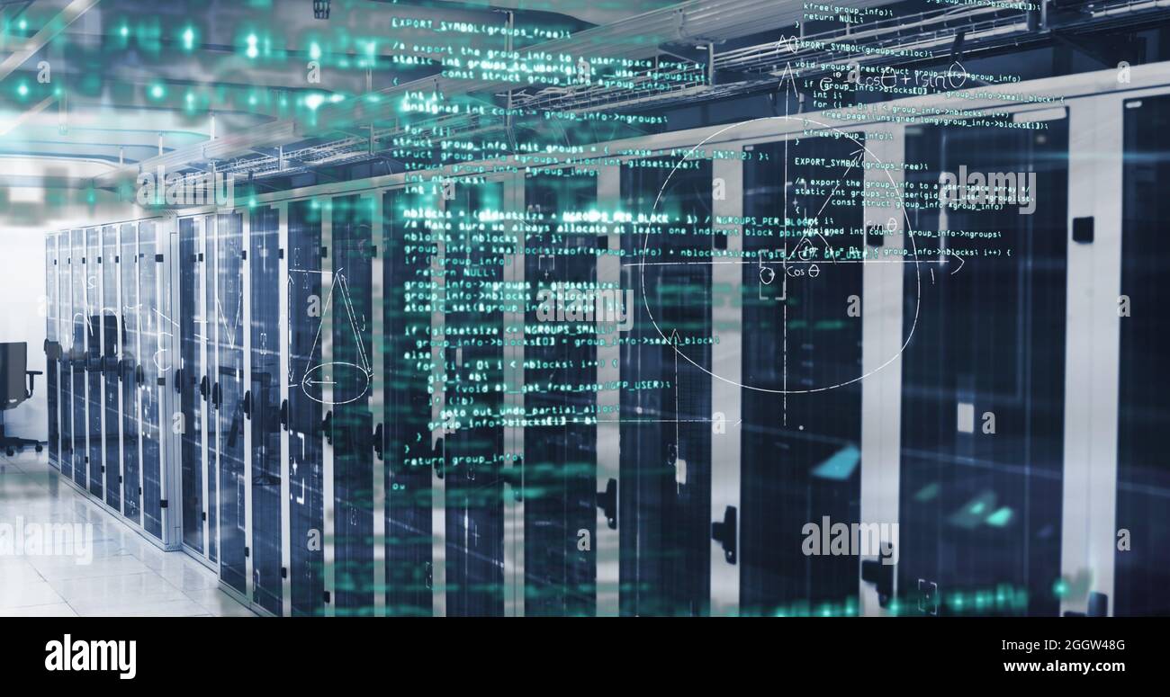 Mathematical equations and data processing against empty server room ...