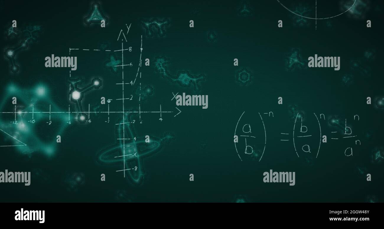 Image of mathematical formula and shapes moving on green background Stock Photo