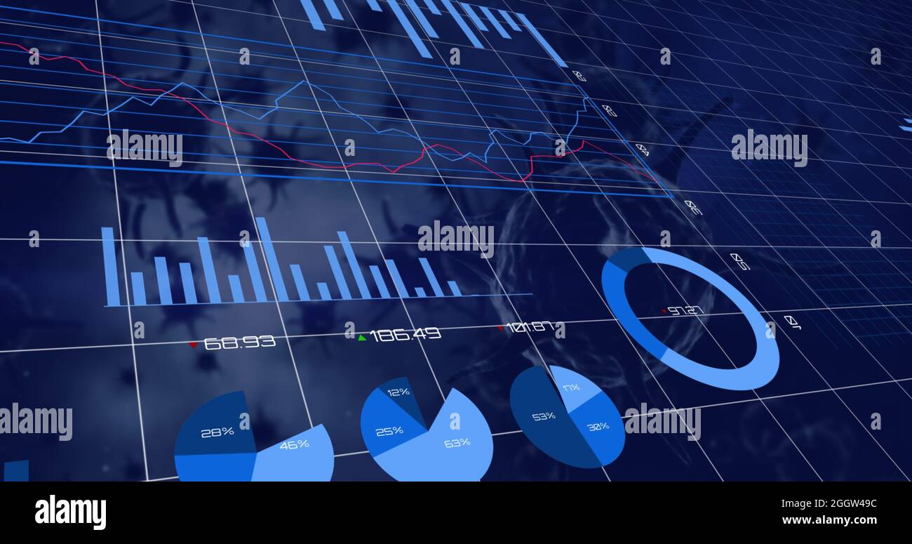 Financial data processing against Covid-19 cells Stock Photo