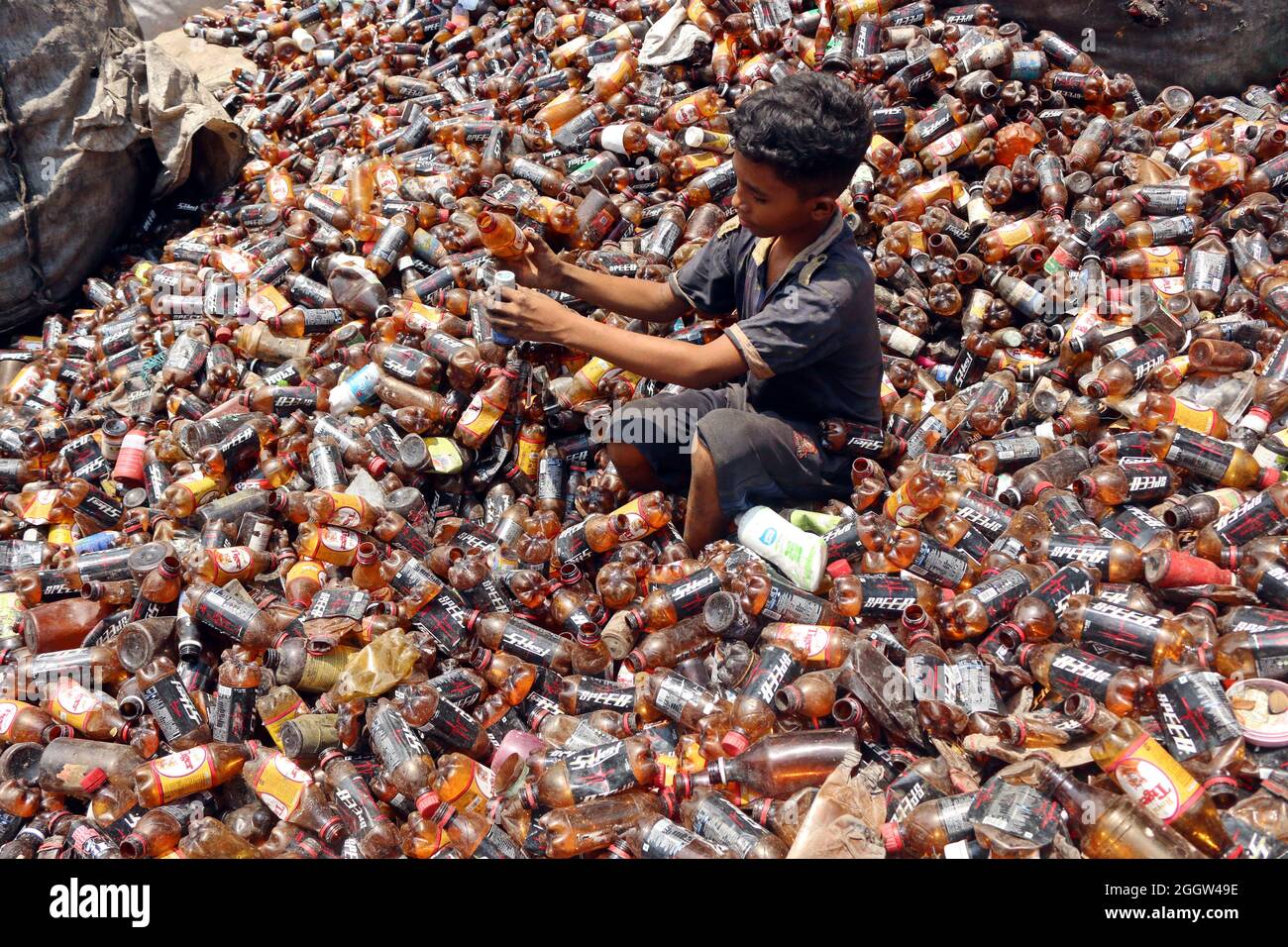Laborers sort through polyethylene terephthalate (PET) bottles in a