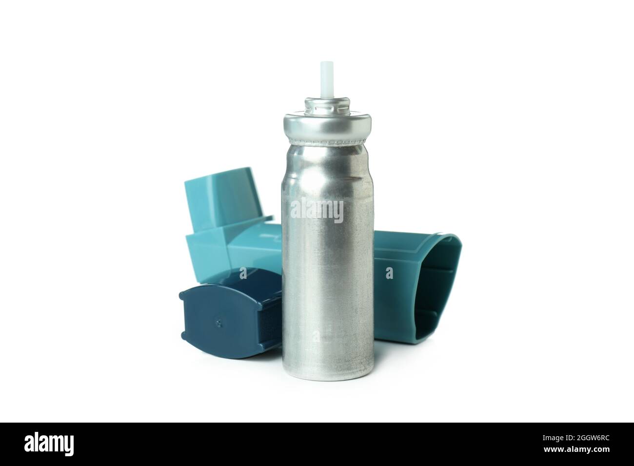 Blue asthma inhaler isolated on white background Stock Photo