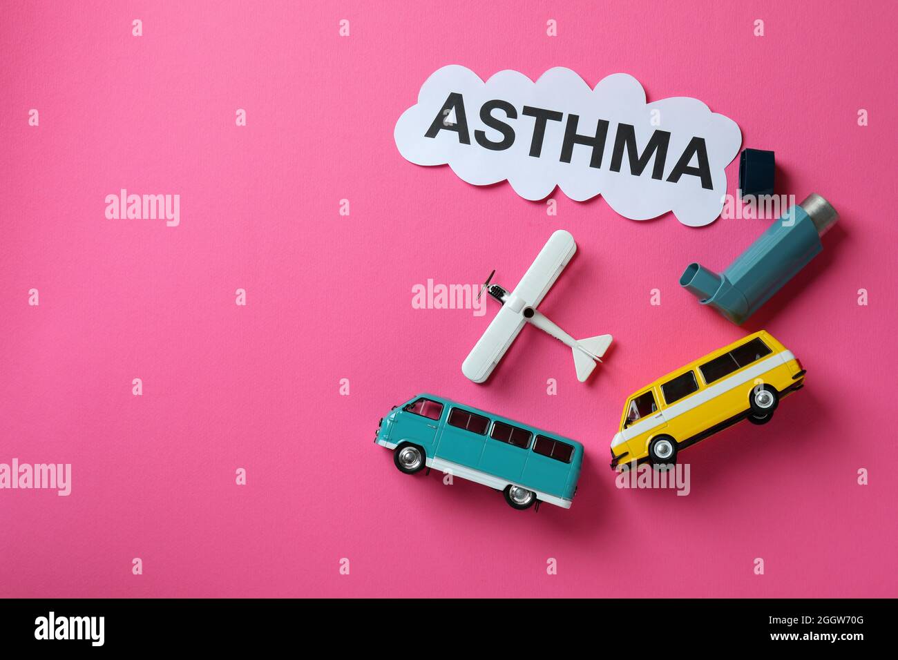 Concept of child Asthma on pink background, space for text Stock Photo