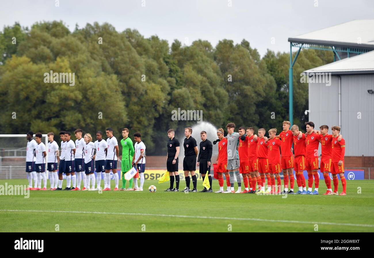 Wales U18 and England U18 players line up during the international