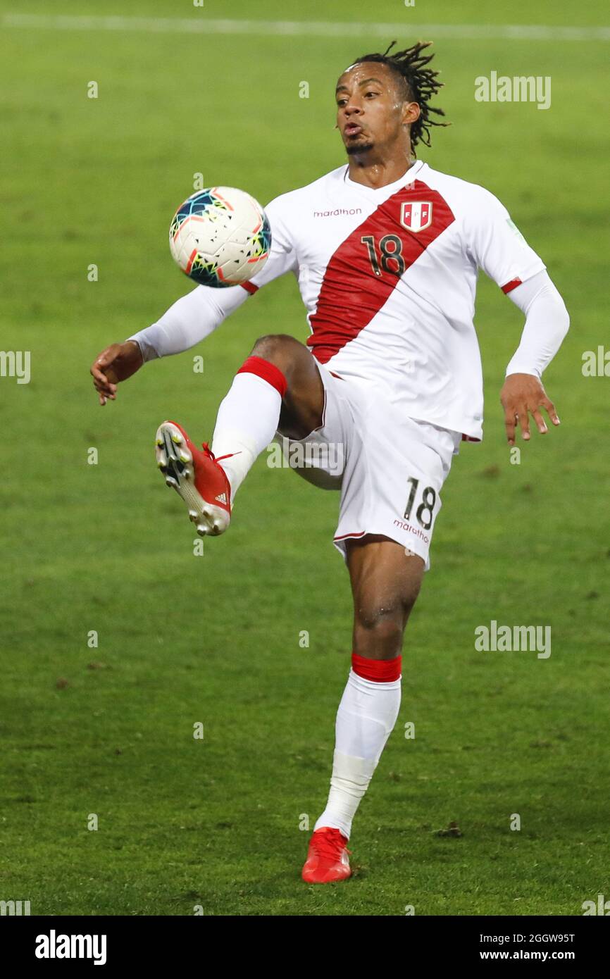 Lima, Peru. 02nd Sep, 2021. Andre Carrillo during the 2022 Football World Cup Qualifier between Peru adn Uruguay at the Estádio Nacional del Peru in Lima, Peru. The game ended 1-1 with Tapia scoring for the hosts in the 24th minute and de Arrascaeta equalizing for Uruguay in the 29th. Credit: SPP Sport Press Photo. /Alamy Live News Stock Photo