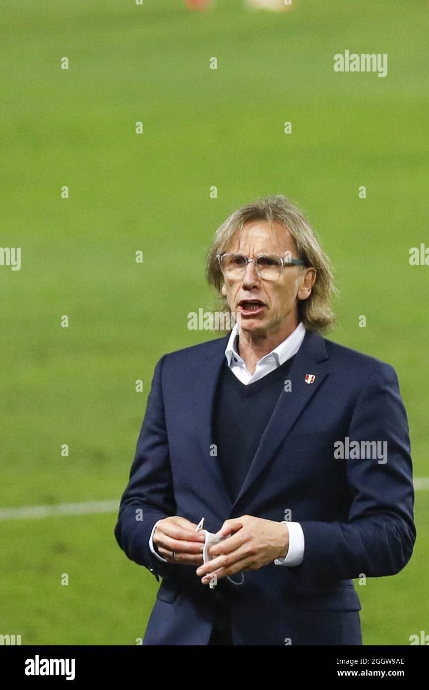 Lima, Peru. 02nd Sep, 2021. Head Coach of Peru, Ricardo Gareca during the 2022 Football World Cup Qualifier between Peru adn Uruguay at the Estádio Nacional del Peru in Lima, Peru. The game ended 1-1 with Tapia scoring for the hosts in the 24th minute and de Arrascaeta equalizing for Uruguay in the 29th. Credit: SPP Sport Press Photo. /Alamy Live News Stock Photo