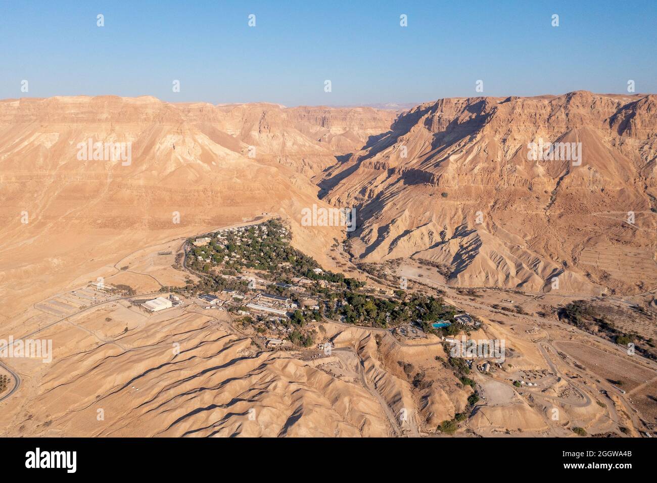 Aerial view of Kibbutz Ein Gedi oasis and nature reserve. Stock Photo
