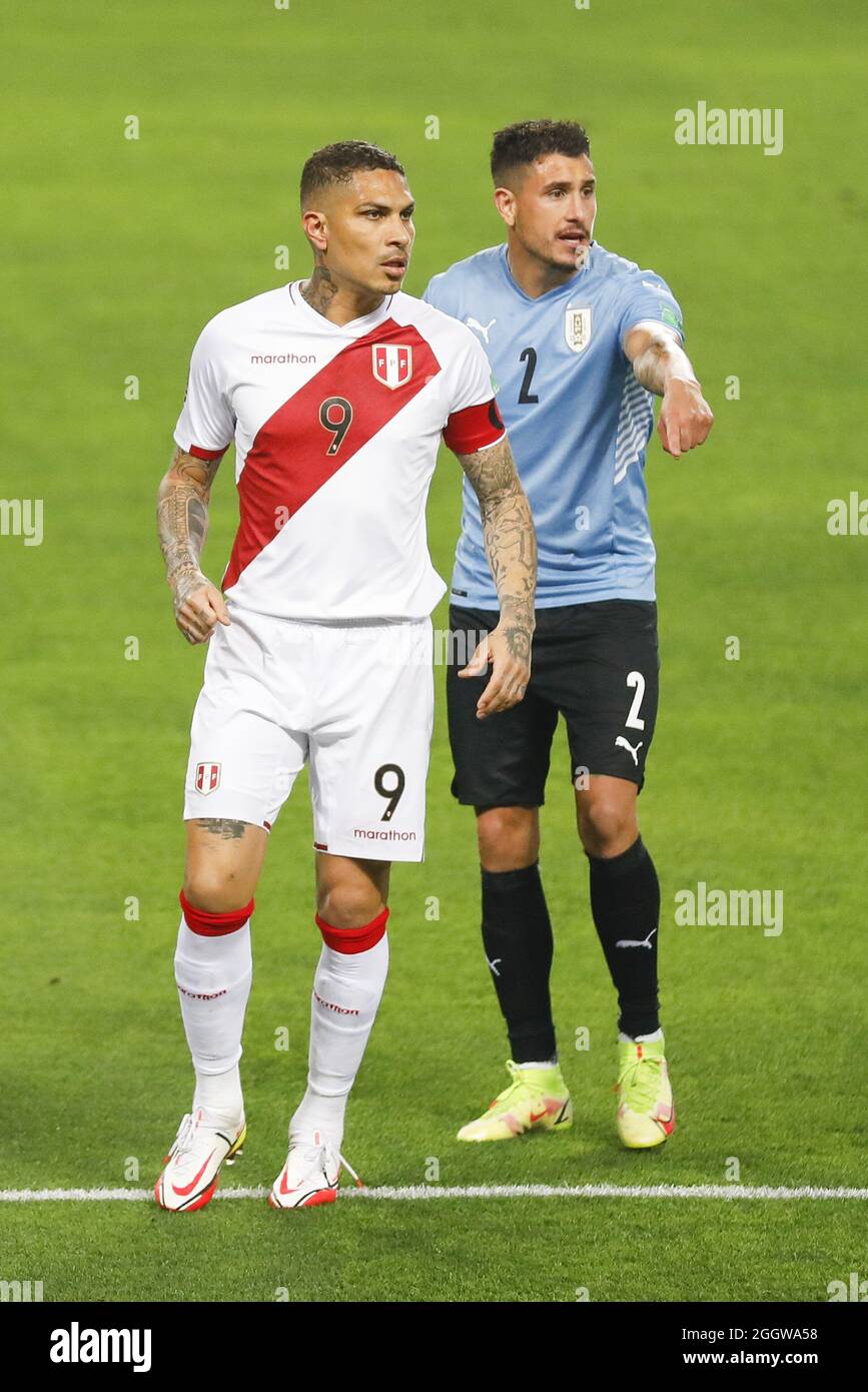 Lima, Peru. 02nd Sep, 2021. Paolo Guerrero and Jose Maria Gimenez during the 2022 Football World Cup Qualifier between Peru adn Uruguay at the Estádio Nacional del Peru in Lima, Peru. The game ended 1-1 with Tapia scoring for the hosts in the 24th minute and de Arrascaeta equalizing for Uruguay in the 29th. Credit: SPP Sport Press Photo. /Alamy Live News Stock Photo