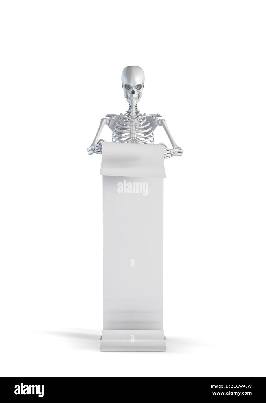Skeleton reading list - 3D illustration of male human skeleton figure holding up long to do paper list isolated on white studio background Stock Photo