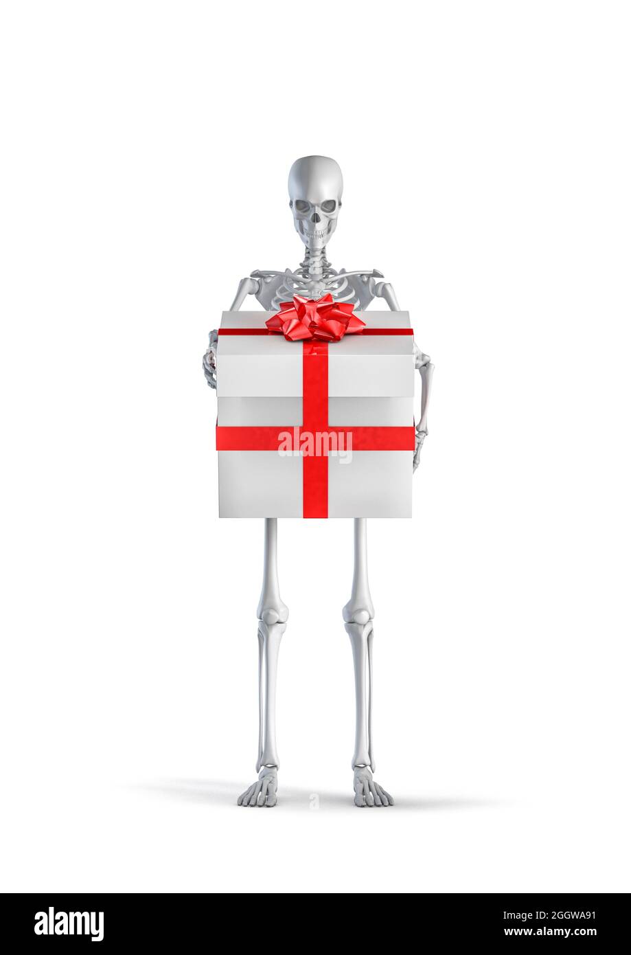 Skeleton with present - 3D illustration of male human skeleton figure holding gift box wrapped with red ribbon isolated on white studio background Stock Photo