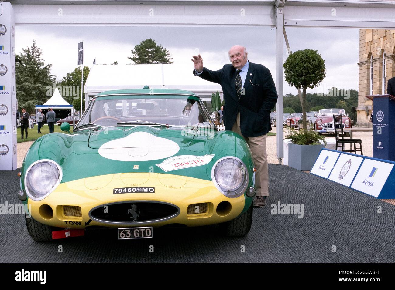 David Piper with the 1962 Ferrari 250 GTO he once owned at Salon Prive 2021 at Blenheim Palace Woodstock Oxfordshire UK 1st & 2nd September 2021 Stock Photo