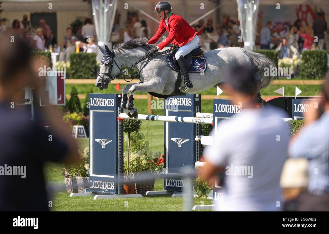 Riesenbeck, Germany. 03rd Sep, 2021. Equestrian sport: European Championship, Show Jumping. The Italian show jumper Fabio Brotto rides over an obstacle on Vanita' Delle Roane. Credit: Friso Gentsch/dpa/Alamy Live News Stock Photo