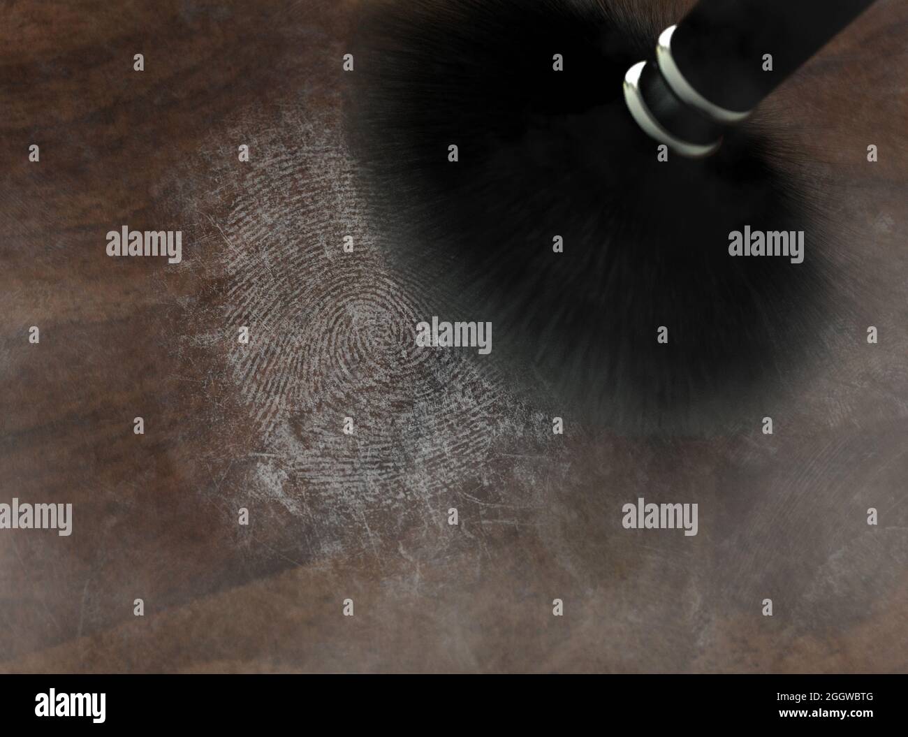 A crime scene brush dusting talcum powder revealing and a fingerprint mark on a wooden surface