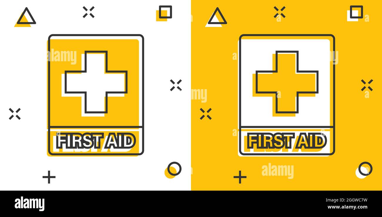 First aid sign icon in comic style. Health, help and medical vector cartoon  illustration on white isolated background. Hospital business concept splas  Stock Vector Image & Art - Alamy