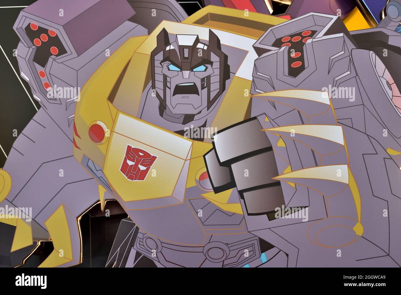 Graphic display of the mighty Autobot Grimlock in emotion Stock Photo