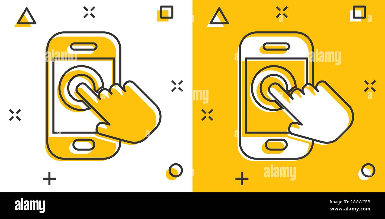 Hand touch smartphone icon in comic style. Phone finger vector cartoon ...
