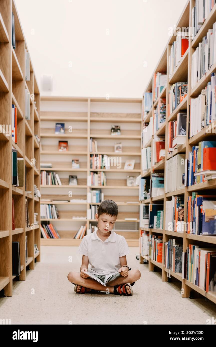 Child in school library. Kids read books. Little boy reading and studying. Children at book store. Smart intelligent preschool kid choosing books Stock Photo