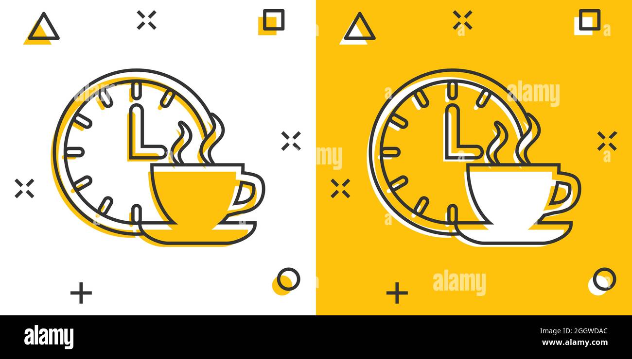 Coffee break icon in comic style. Clock with tea cup cartoon vector  illustration on white isolated background. Breakfast time splash effect  business c Stock Vector Image & Art - Alamy