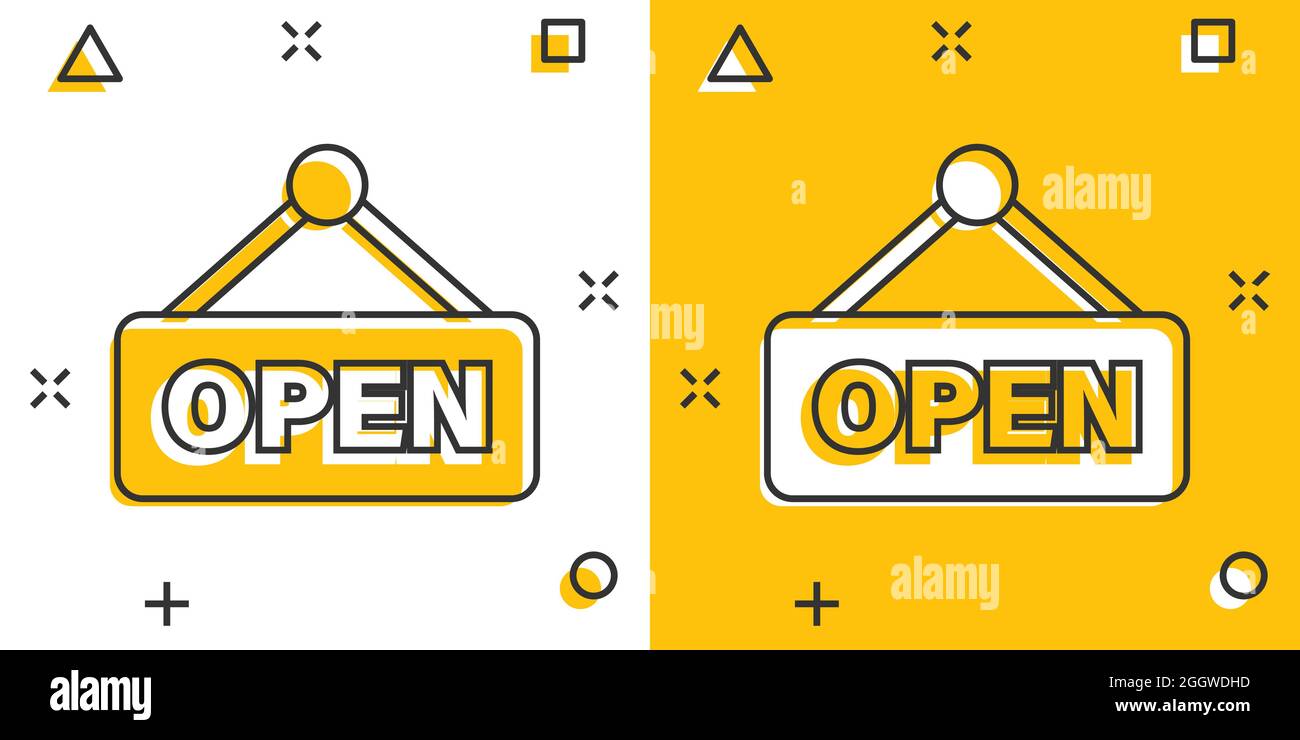 Open sign icon in comic style. Accessibility cartoon vector illustration on white isolated background. Message splash effect business concept. Stock Vector
